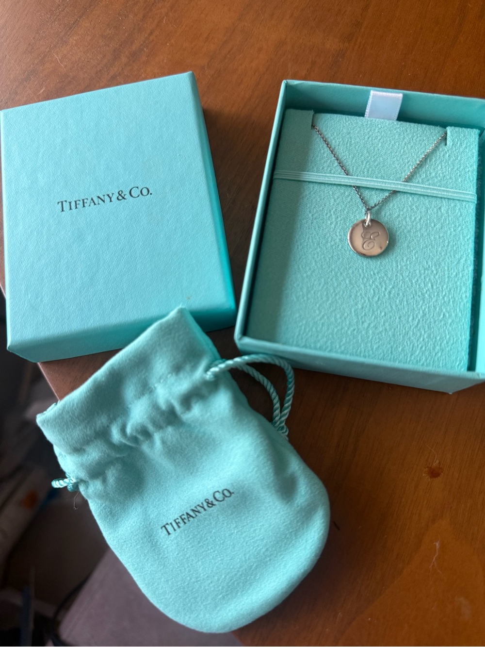 Tiffany & Co. Silver Engraved Initial Disc Necklace - Tiffany Blue Accents